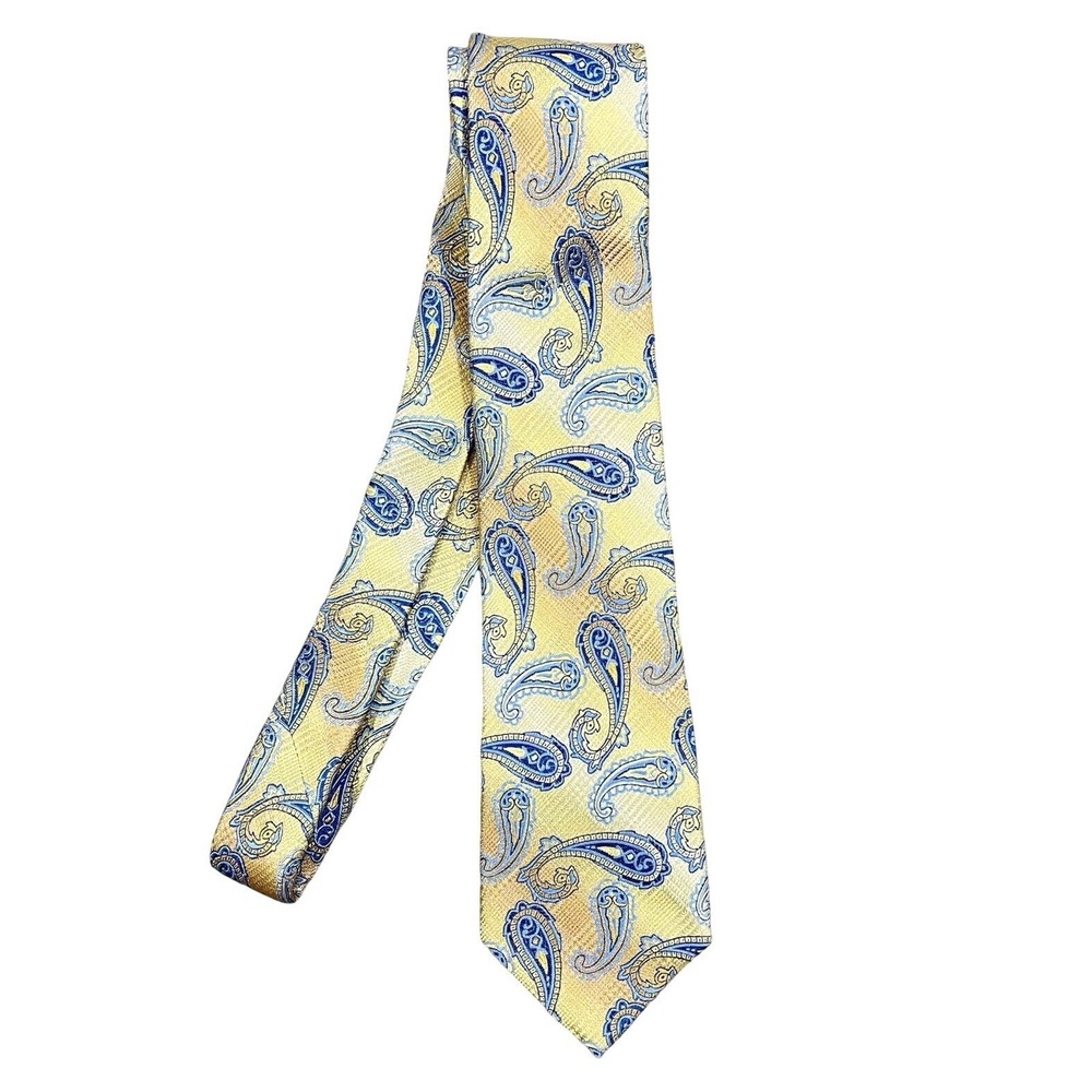 Bruno Piattelli Mens Tie 100% Silk Handmade Designer Italy Yellow Blue Paisley